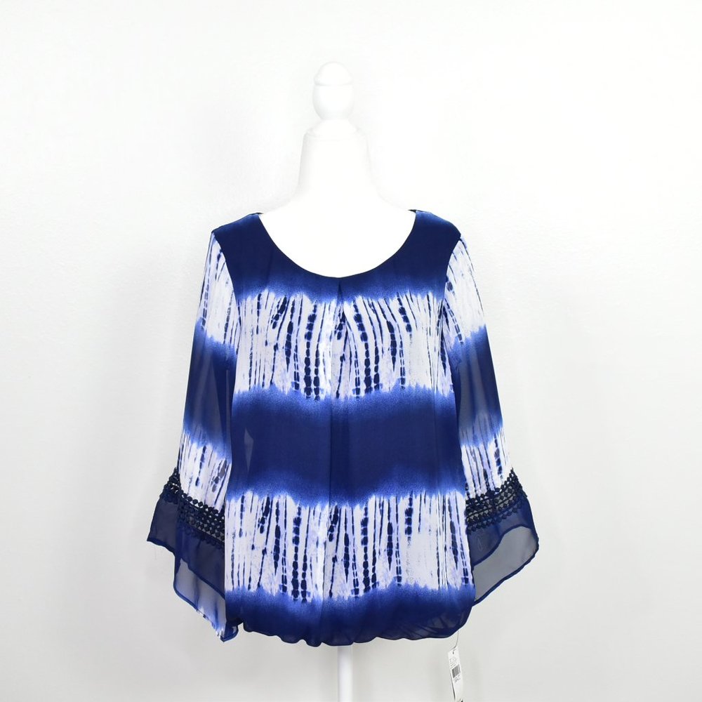 AB Studio Tie Dye Flare Sleeve Peasant Top Small Navy Sheer Boho High Low Hippie